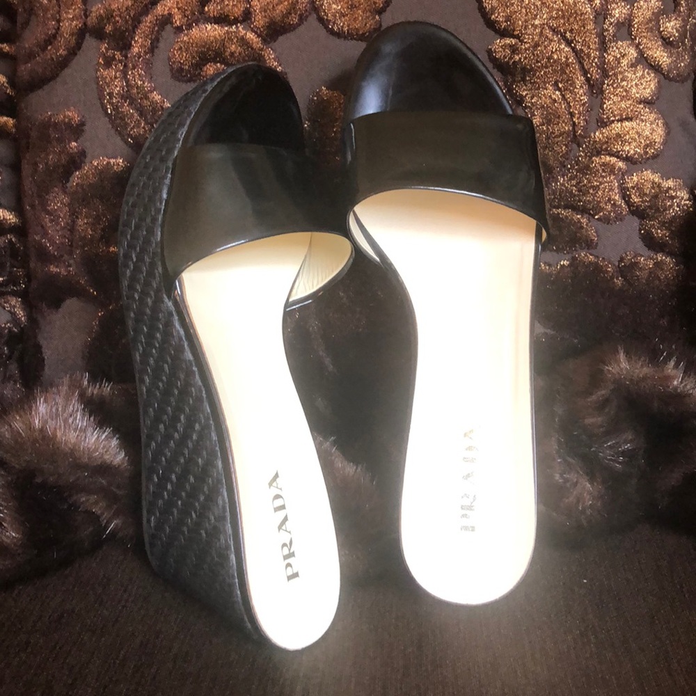 Prada Black Patent Leather Platform Wedge Mules With Black Rattan Wedge